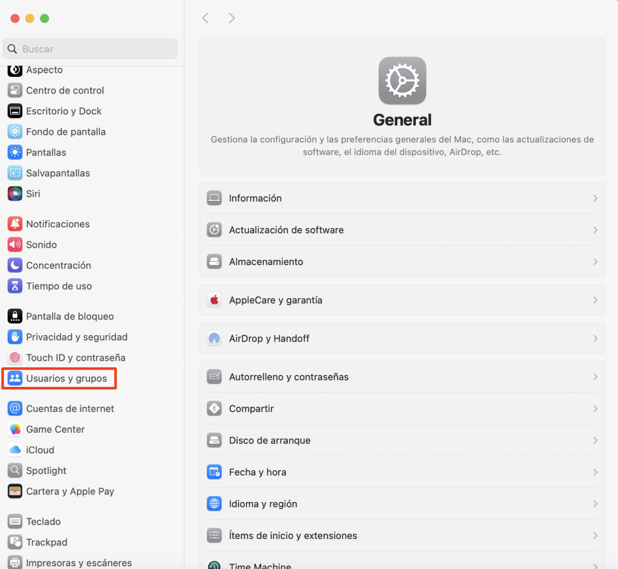 Configuración del sistema en un Mac, con Usuarios y Grupos resaltados. Cómo arreglar servicio de cuentas quiere usar el llavero de inicio de sesión.
