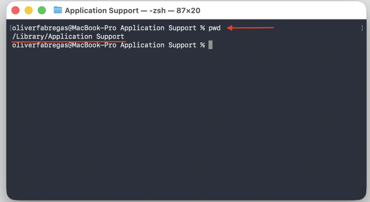 Terminal window on macOS running the pwd command, showing the current directory is the protected /Library/Application Support folder.