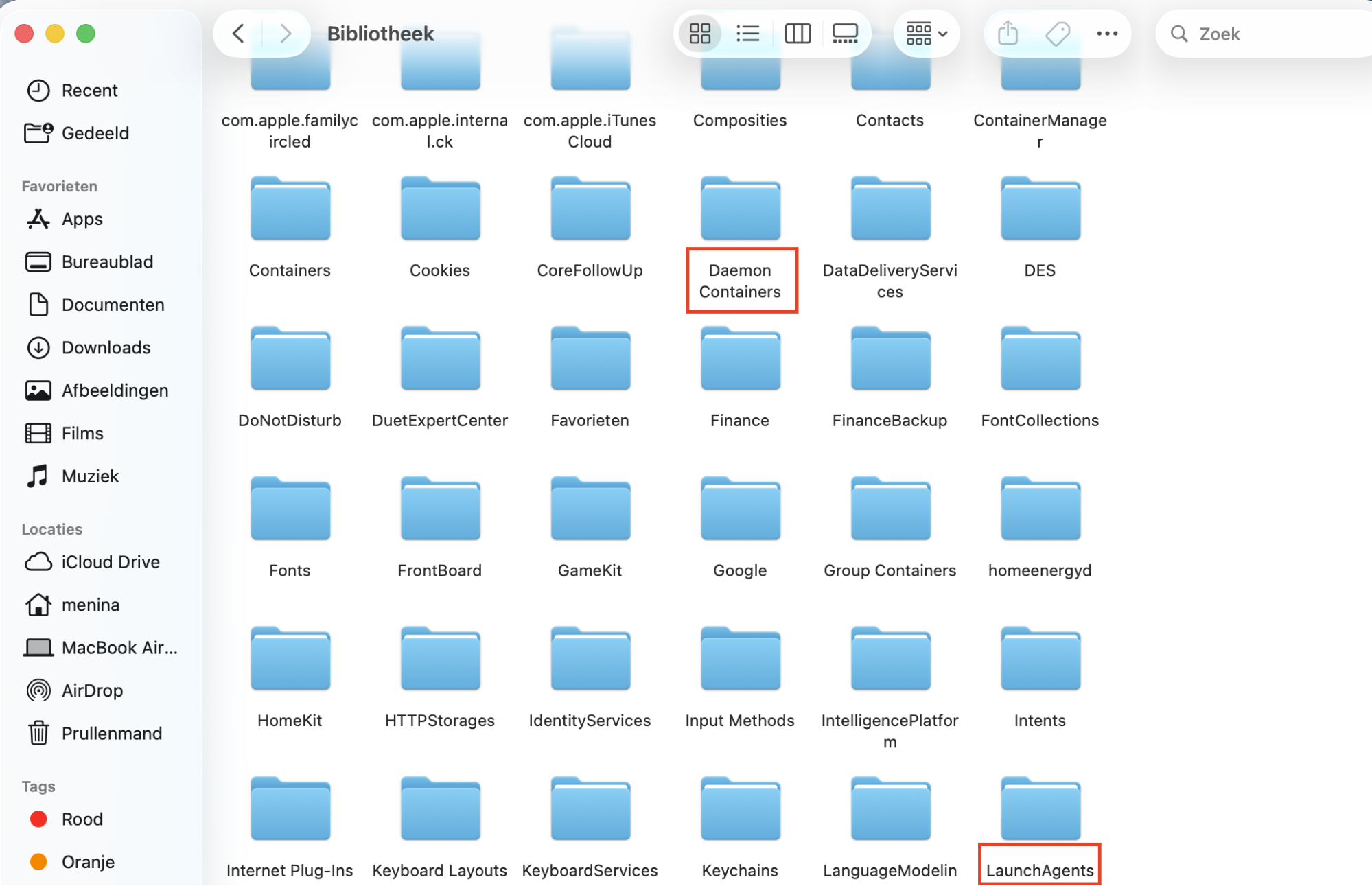 Controleer ook de map Systeembibliotheek, omdat een Trojaans paard hier eveneens malware kan hebben geïnstalleerd. Kijk in de mappen Application Support, LaunchAgents en LaunchDaemons.