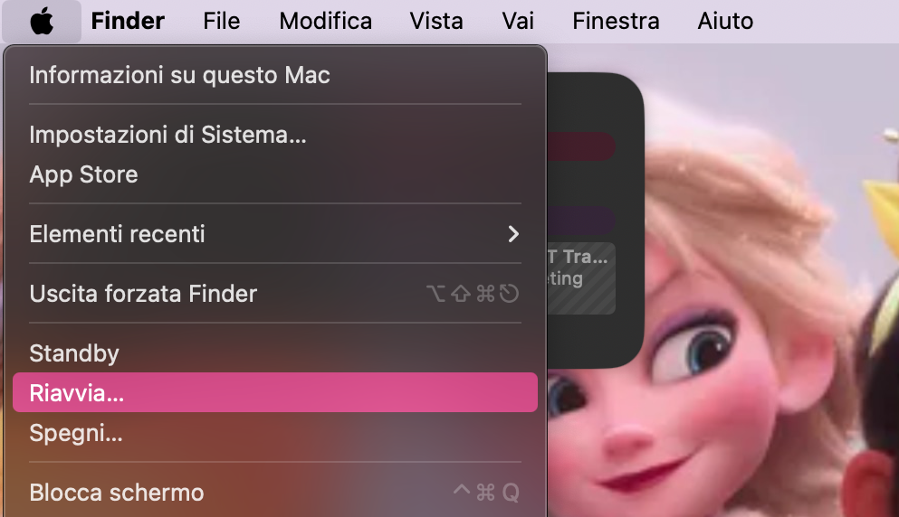 Il menu Apple su Mac mostra un elenco di opzioni di base. Fai clic su Riavvia per riavviare il Mac.