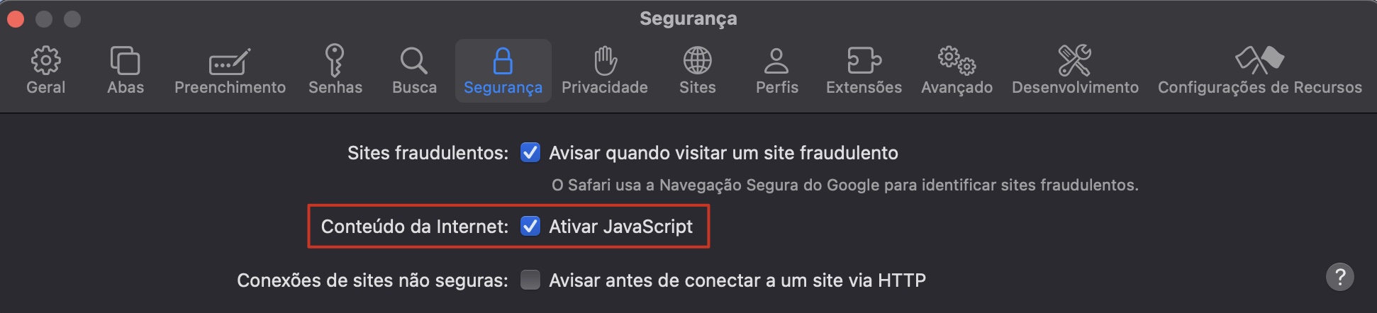 Ative o JavaScript na aba Segurança.