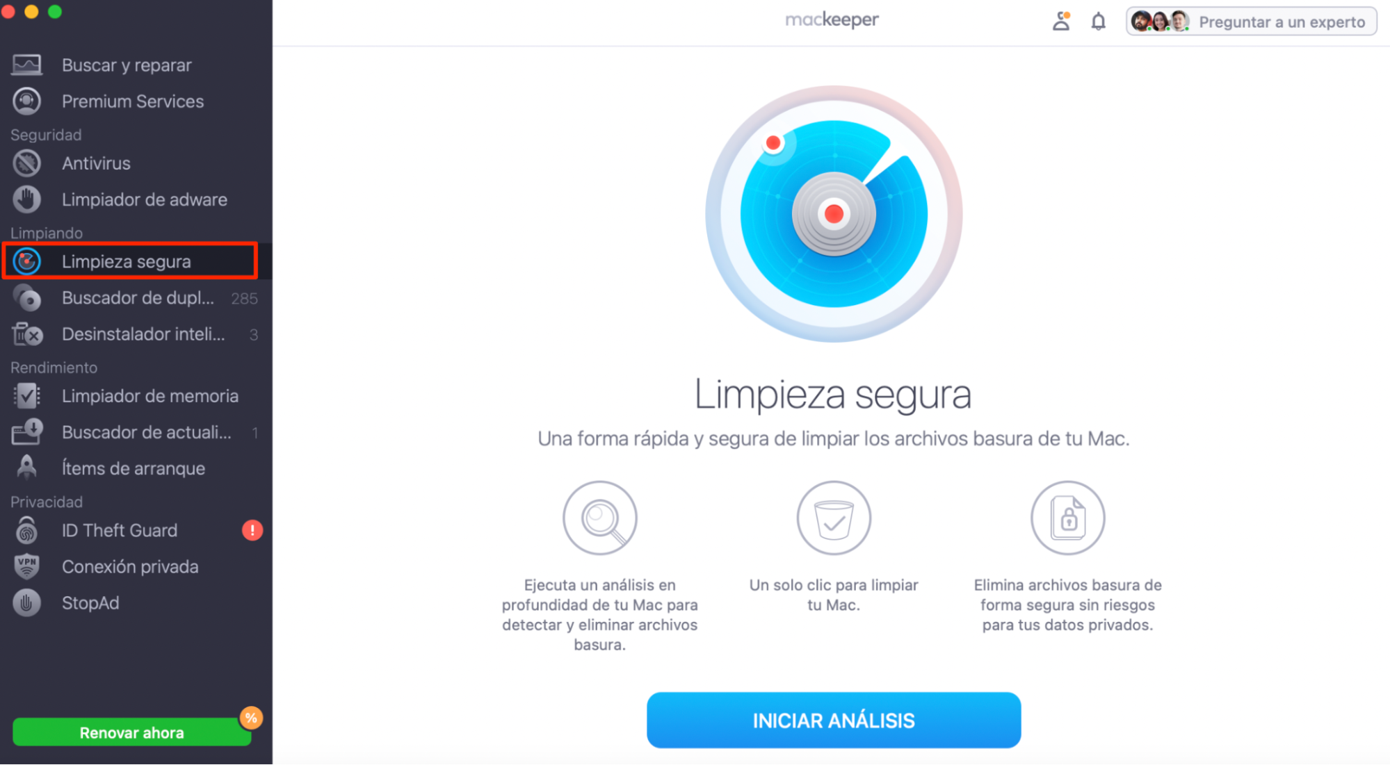 Imagen de previsualización de la herramienta Limpieza segura de MacKeeper en un dispositivo Mac, que ayuda a los usuarios a preparar sus MacBooks para utilizar software de edición de vídeo sin problemas. Imagen de previsualización de la herramienta Limpieza segura de MacKeeper en un dispositivo Mac, que ayuda a los usuarios a preparar sus MacBooks para utilizar software de edición de vídeo sin problemas.