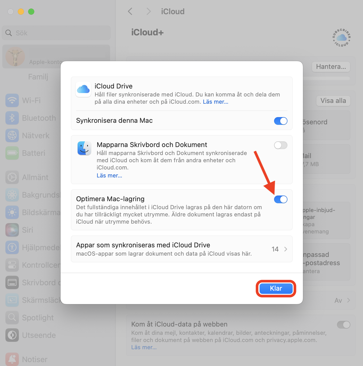 Alternativen för iCloud Drive inuti Systeminställningar på Mac. Se till att Optimera Mac-lagring är aktiverat för att skicka filer till molnet och frigöra utrymme på Mac.