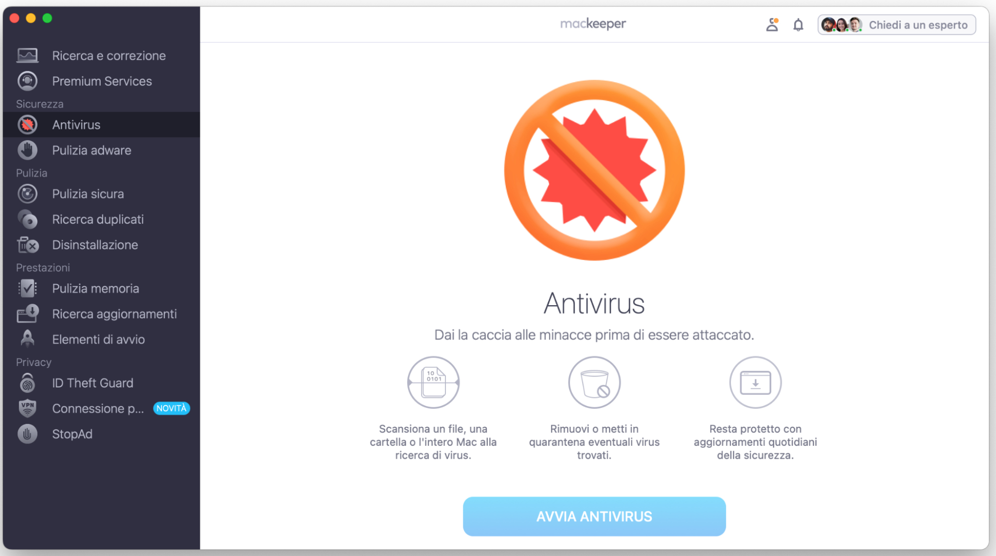 Proteggi il tuo Mac da virus e malware con l’Antivirus di MacKeeper. Avvia MacKeeper, seleziona Antivirus dalla barra laterale, assicurati di aver attivato la protezione in tempo reale e fai clic su Avvia scansione.