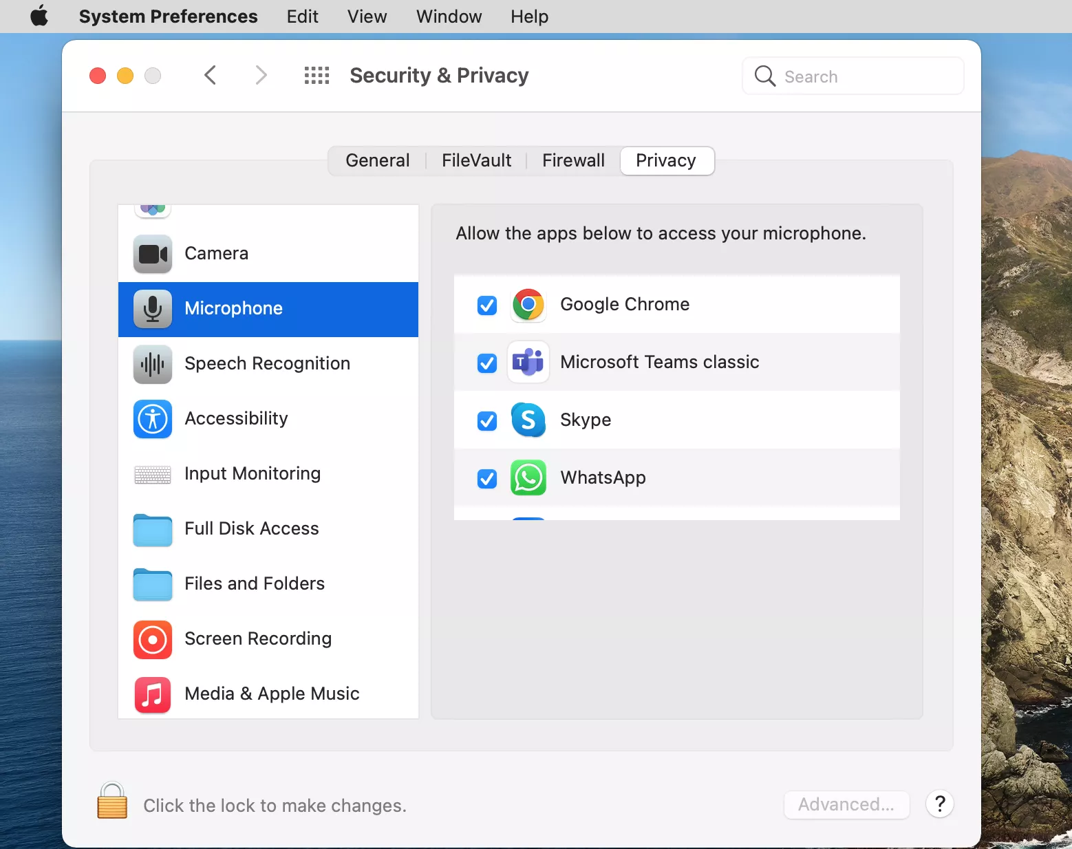Privacy settings are shown on a Mac. To grant access to an individual app, click on Microphone and give each app permission to use it.