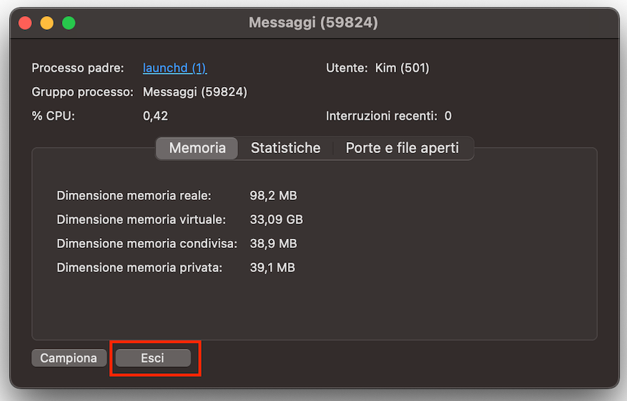 Ora puoi vedere la fase finale della chiusura dell’app in Monitoraggio Attività, identificata dal pulsante Esci su cui si clicca un’ultima volta.