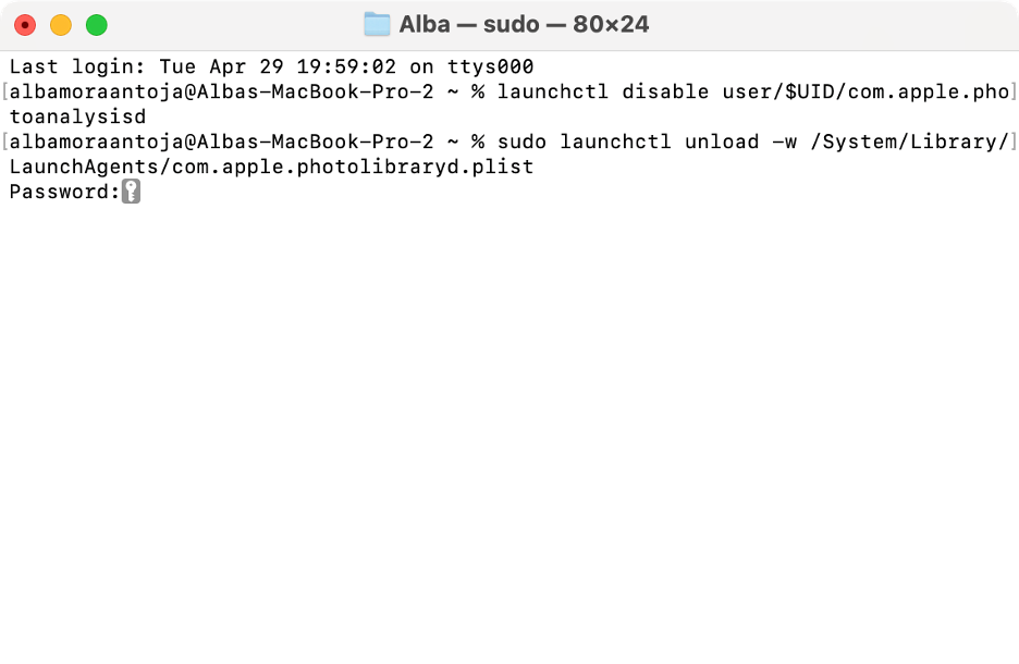 To disable the photolibraryd process on Mac, type in your admin password, then hit Enter.
