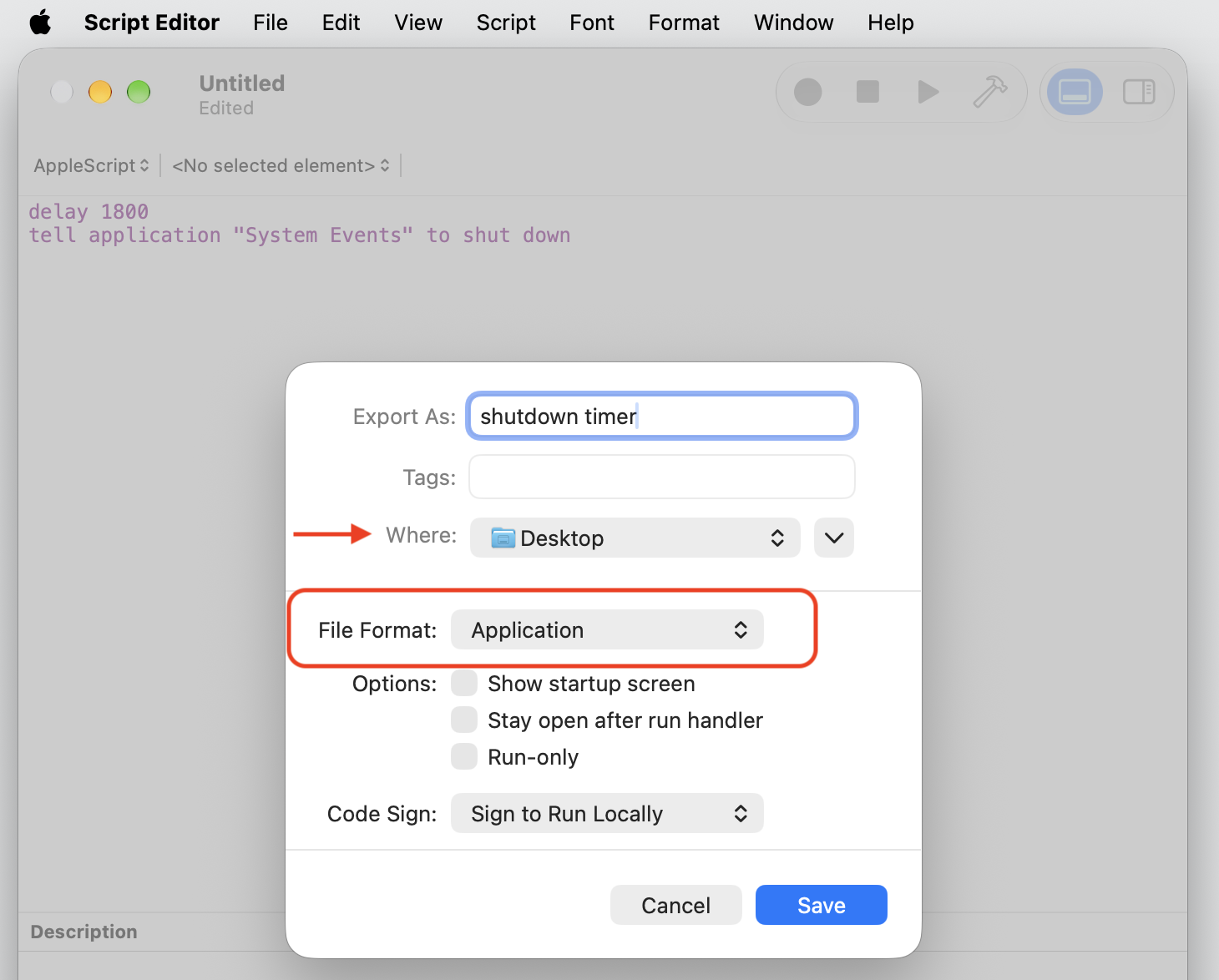 Script Editor export dialog on macOS with File Format set to Application and Desktop chosen to save the shutdown timer app on the Mac.