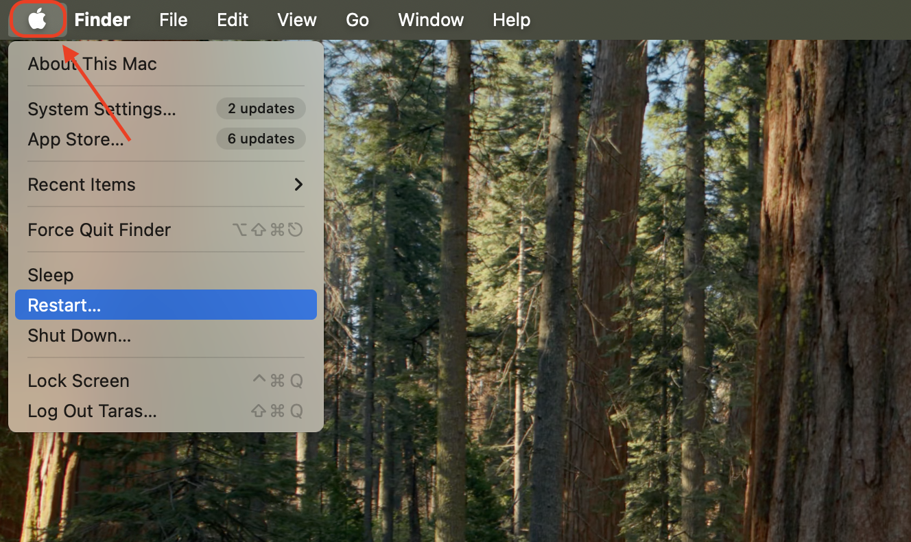 Click the Apple menu in the top-left corner of your Mac's screen to access system options like Restart, Shut Down, and System Settings.