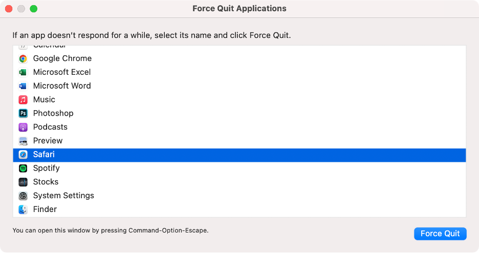To fix minor issues causing the Safari can’t connect to iCloud Private Relay error to trigger on your Mac, select Safari, then click Force Quit.