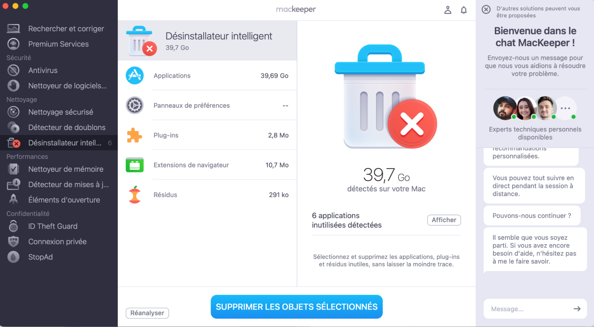 Consultez la liste des éléments détectés par le Désinstallateur intelligent. Cochez ceux que vous souhaitez supprimer et cliquez sur Supprimer les objets sélectionnés.