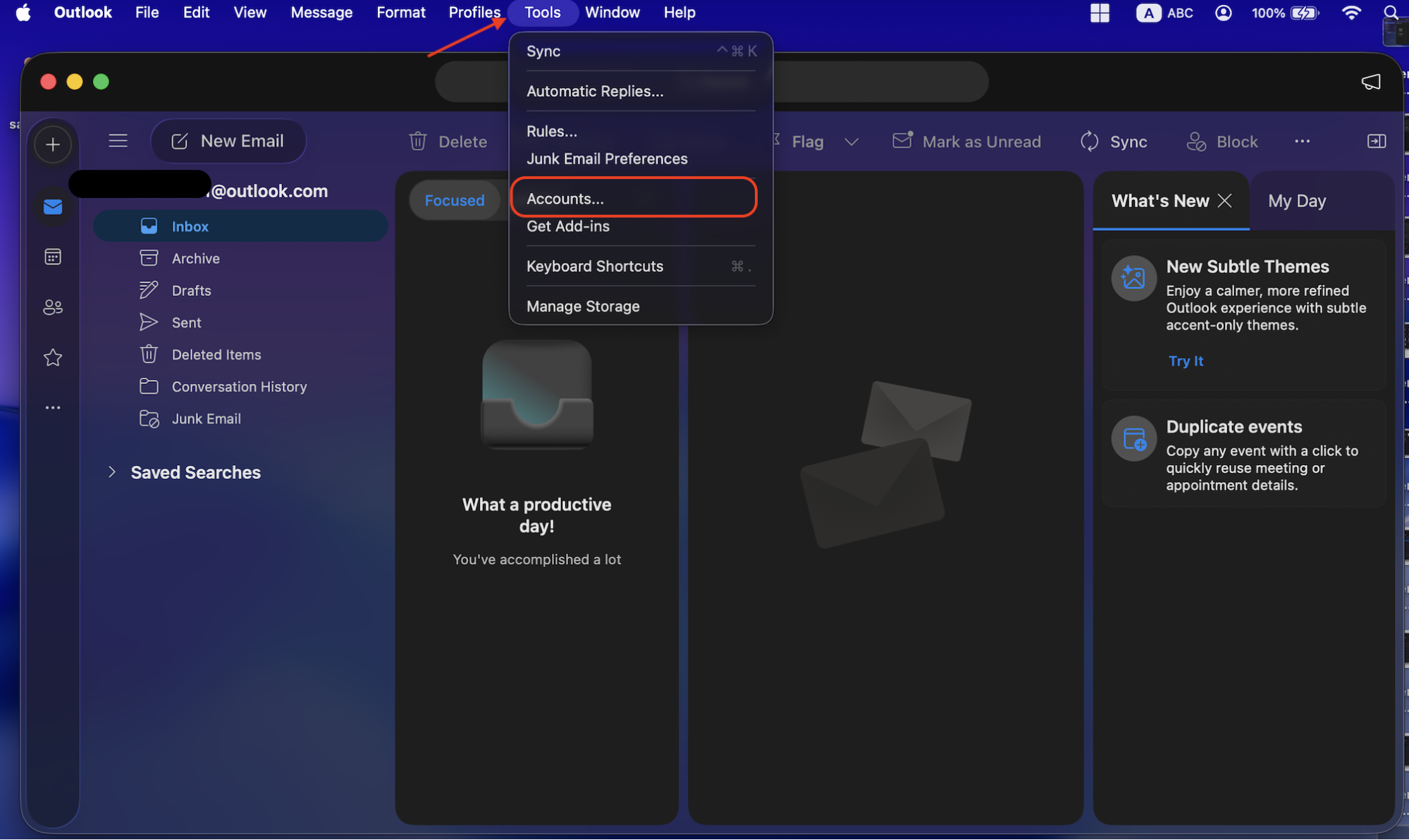 Resetting your Outlook can account can rectify the high CPU usage problem. Navigate to the top menu and select Tools, followed by the Accounts option.