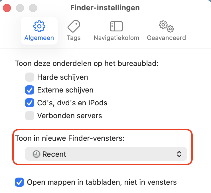Ga in de Finder-instellingen onder het tabblad Algemeen naar het vervolgkeuzemenu 'Nieuwe Finder-vensters tonen' en kies een andere map dan Al mijn bestanden.