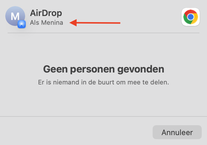 Het AirDrop-venster op Mac met alle beschikbare apparaten. Selecteer je nieuwe Mac om er een app naartoe te sturen via  AirDrop zonder Migratie-assistent te gebruiken.