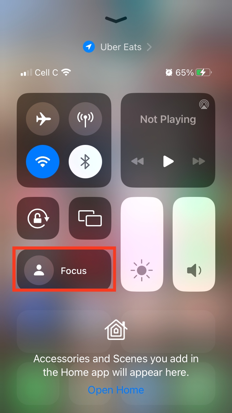 The Focus Mode control appears among other controls on an iPhone’s Control Center. Tap on it to enable Focus Mode on an iPhone.
