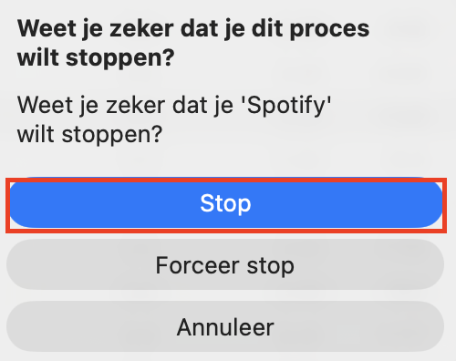 Een bevestigingsvenster om een actief proces in Activiteitenweergave te beëindigen. Je kunt een proces dat je Mac laat oververhitten op deze manier stoppen: klik gewoon op Stop.