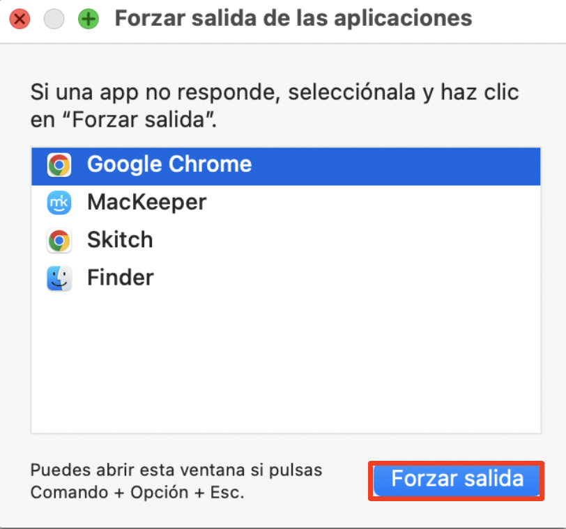 Para forzar el cierre de Google Chrome, selecciónalo de la lista y haz clic en el botón Forzar cierre situado en la parte inferior derecha.