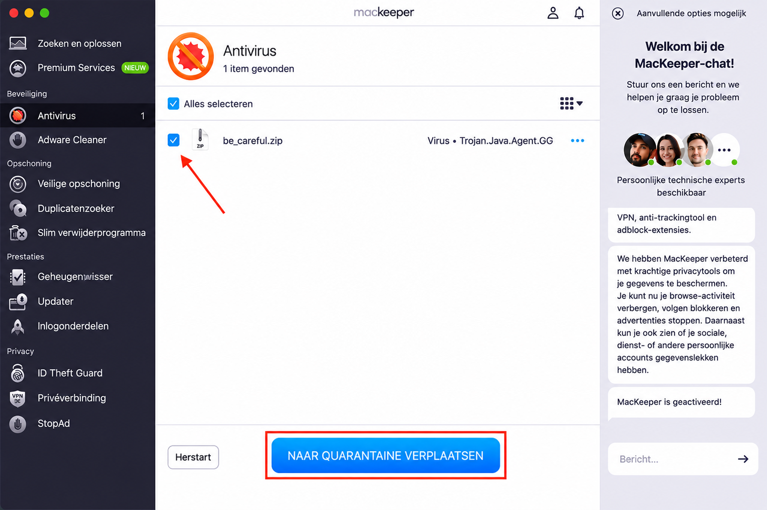 Antivirus van MacKeeper op de Mac. Als er bedreigingen worden gevonden, kunnen deze je map Apps verbergen, waardoor je hem niet kunt vinden. Selecteer de bedreigingen en klik op Verplaats naar quarantaine om ze te verwijderen.