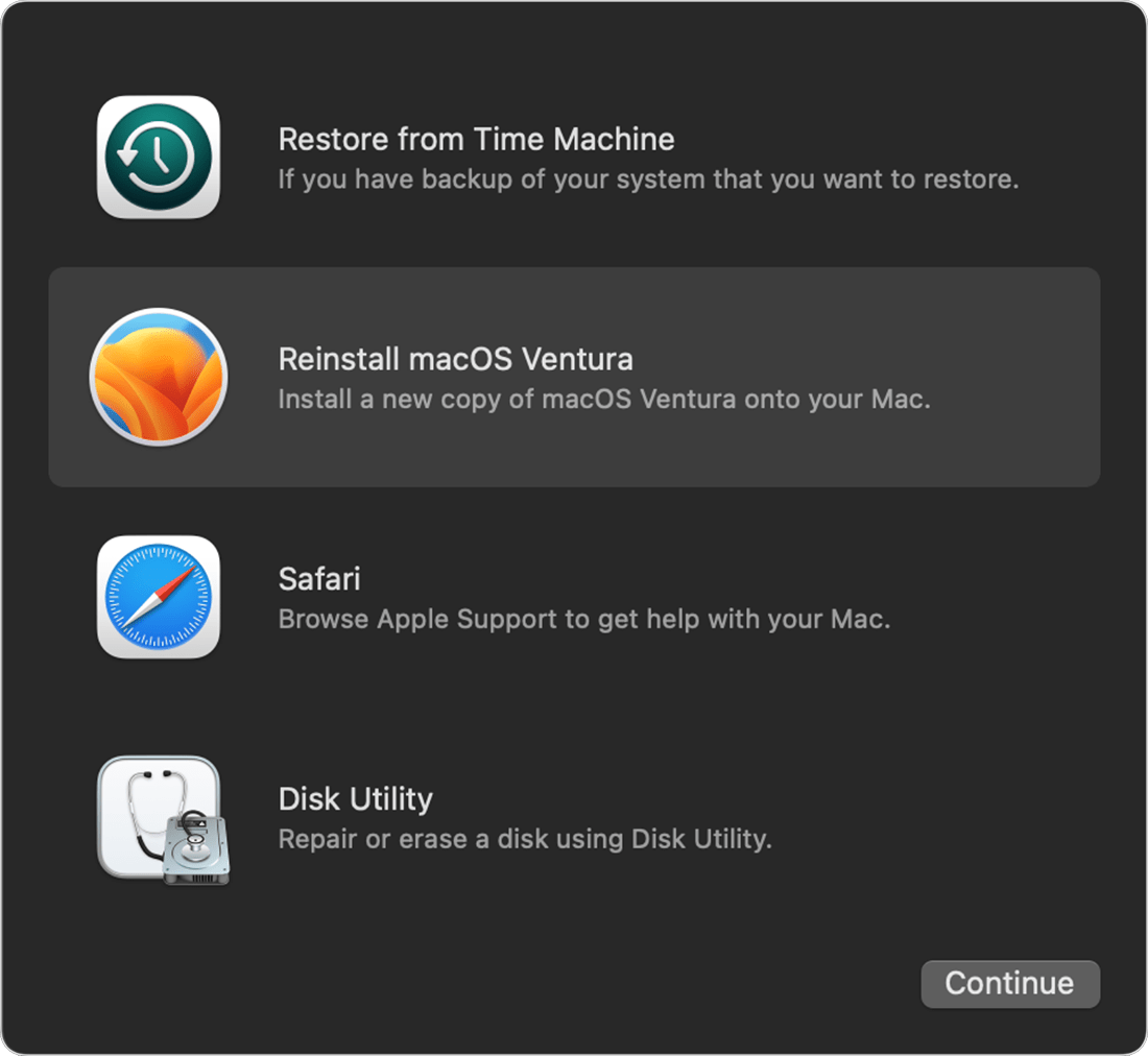 macOS Recovery Utilities window on a Mac with Reinstall macOS Ventura highlighted, then the Continue button to start install.