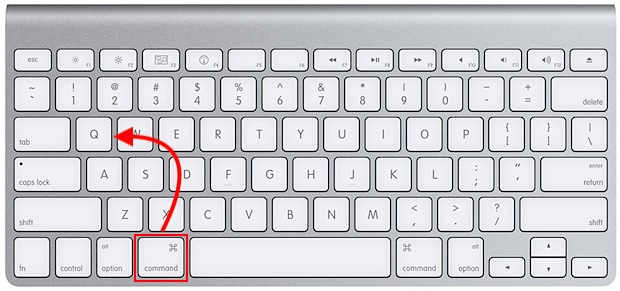 Apple keyboard with Command held and Q pressed, the App Switcher shortcut that quits the highlighted app without leaving the overlay on a Mac.