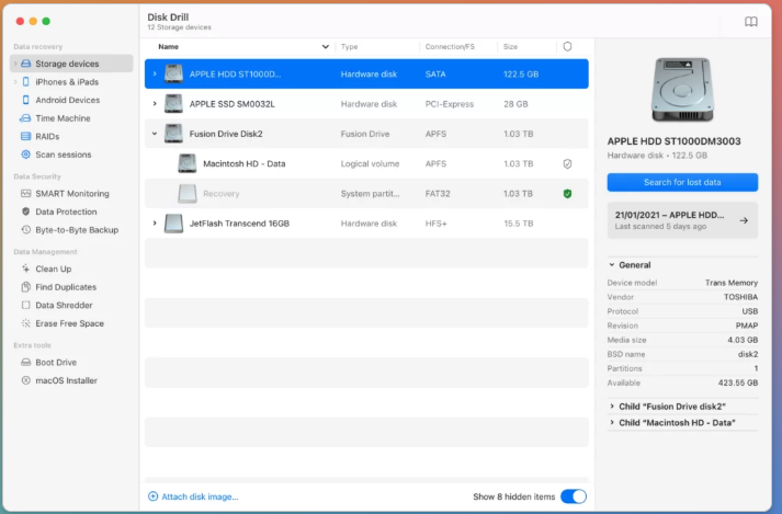 Disk Drill Storage devices window on macOS, listing internal and external Apple drives you select to recover deleted files or scan a drive.