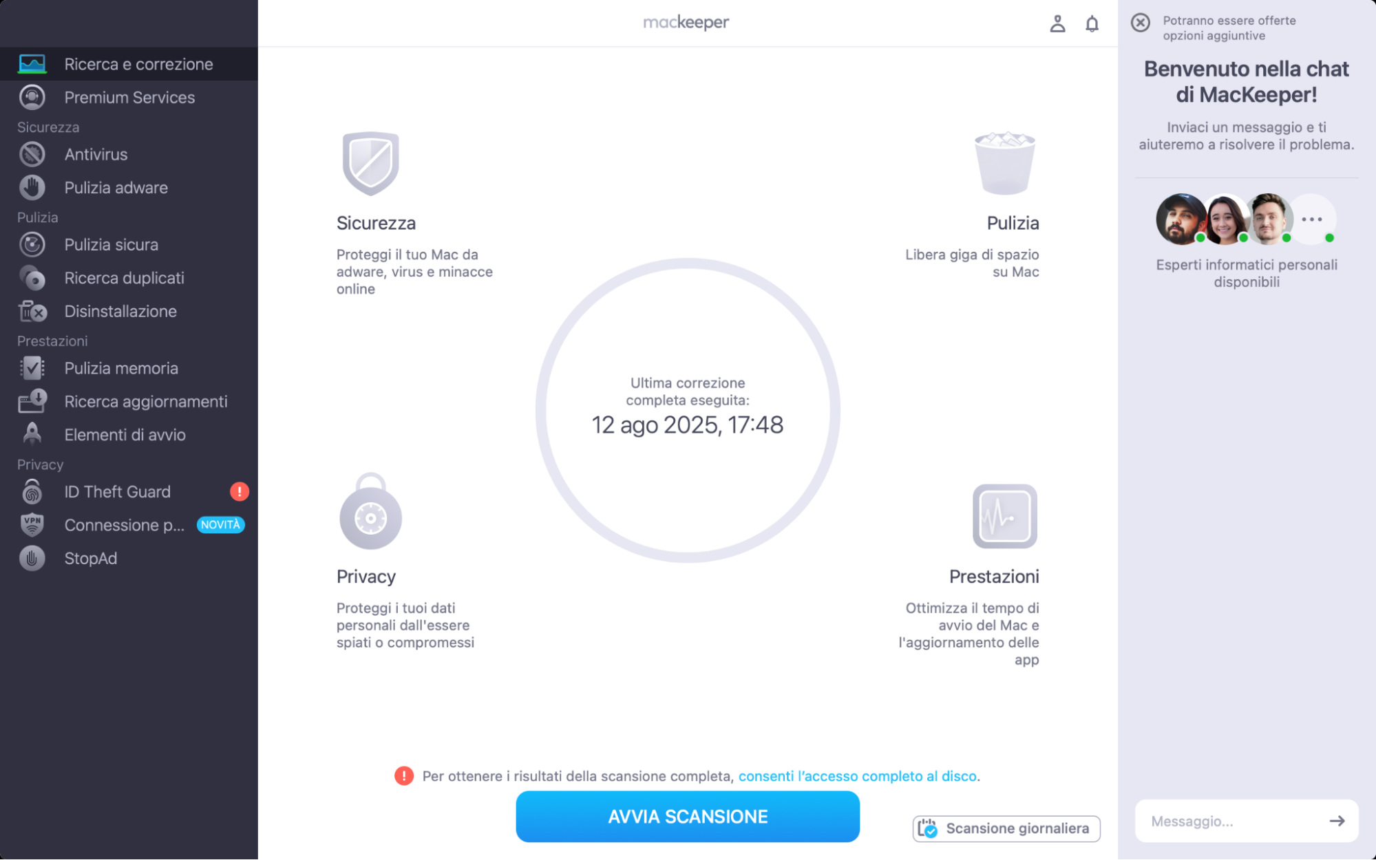 Per risolvere il problema del disco rigido non visualizzato, avvia la procedura di risoluzione automatica dei problemi abilitata da MacKeeper. Apri l'app, seleziona la funzione Ricerca e Correzione e clicca su Avvia scansione completa.