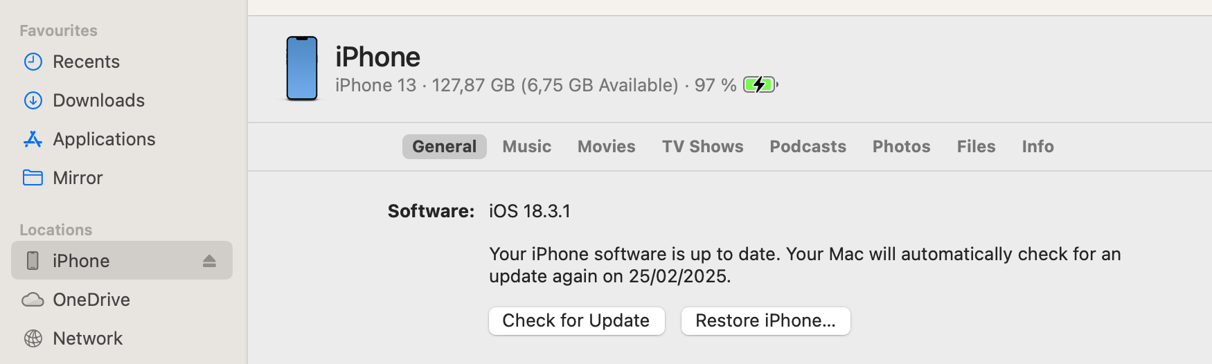 In Finder, you'll see your iPhone on the left-hand side under Locations. Click on this tab before then selecting Restore iPhone.