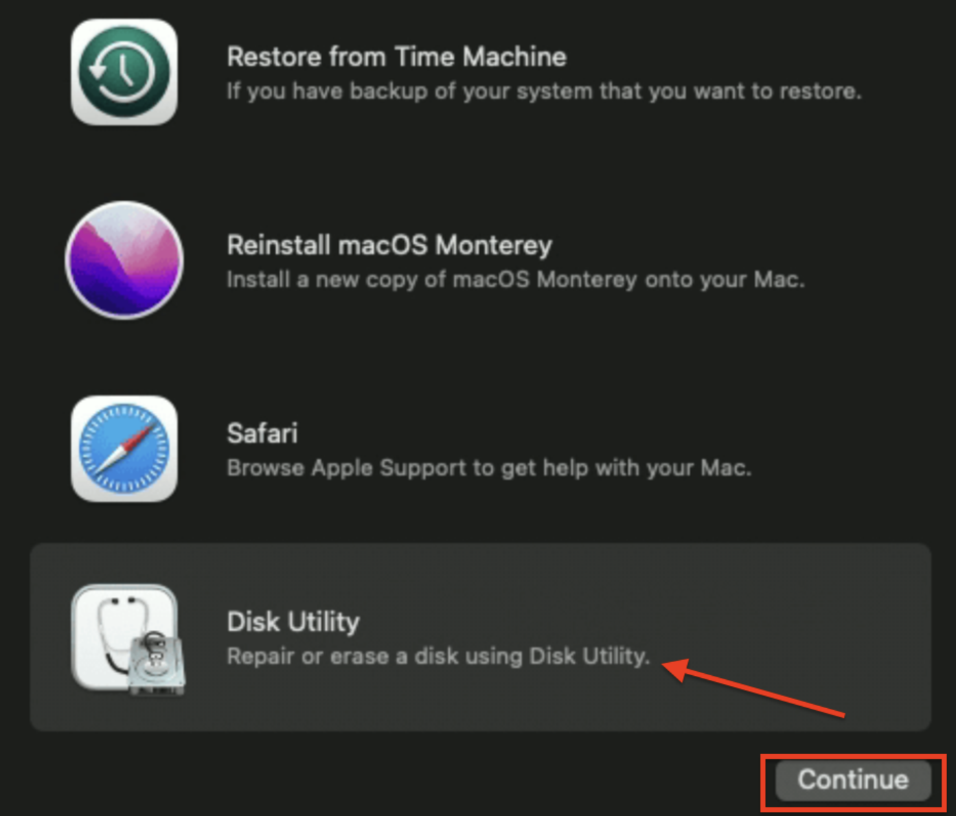 Then you’ll need to select Disk Utility from macOS Utilities, which lets you access the First Aid tool needed to diagnose and repair disk errors that may be causing your Mac to show the circle with a slash.