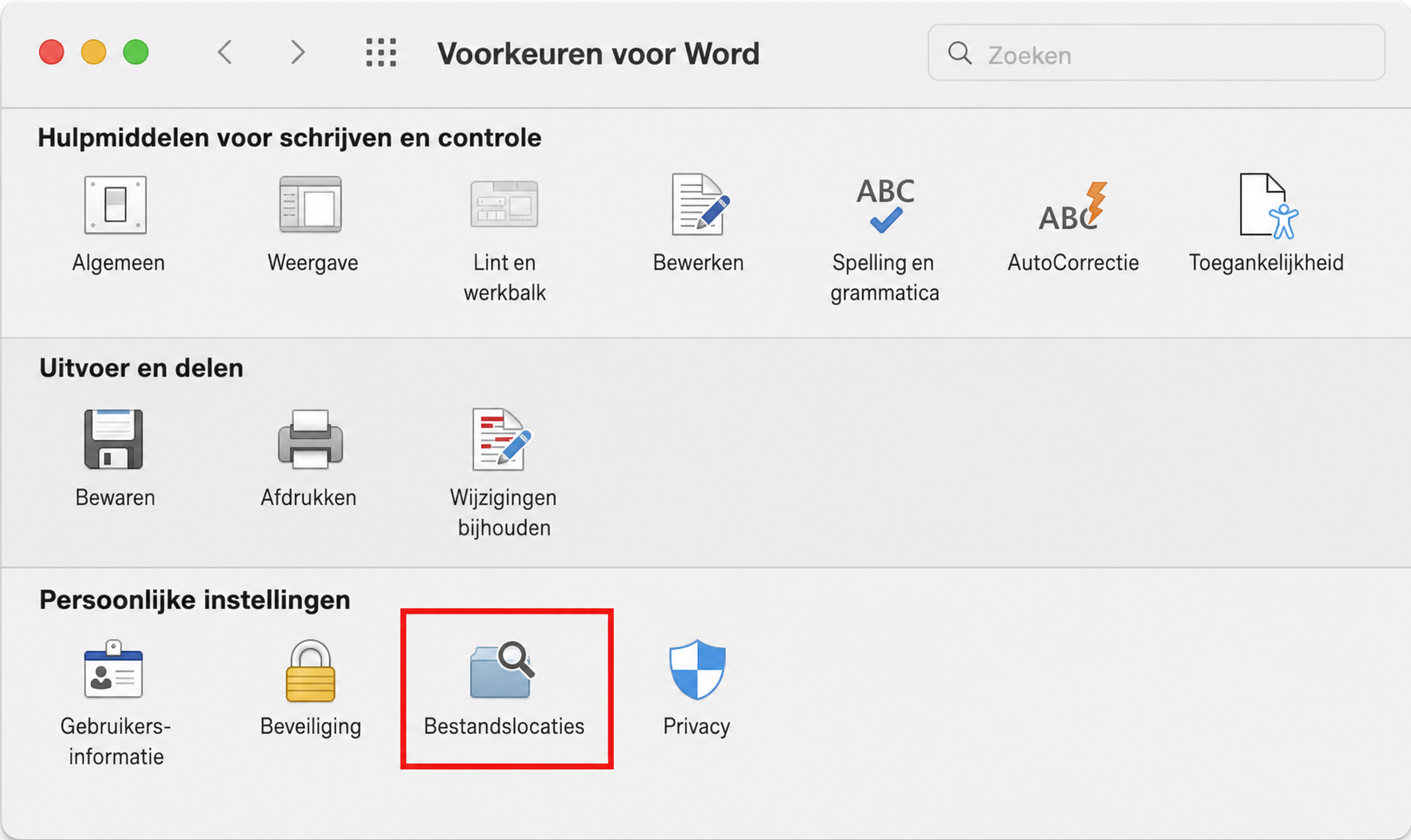 Je ziet verschillende categorieën met instellingen voor Microsoft Word. Klik onder 'Persoonlijke instellingen' op 'Bestandslocaties'.
