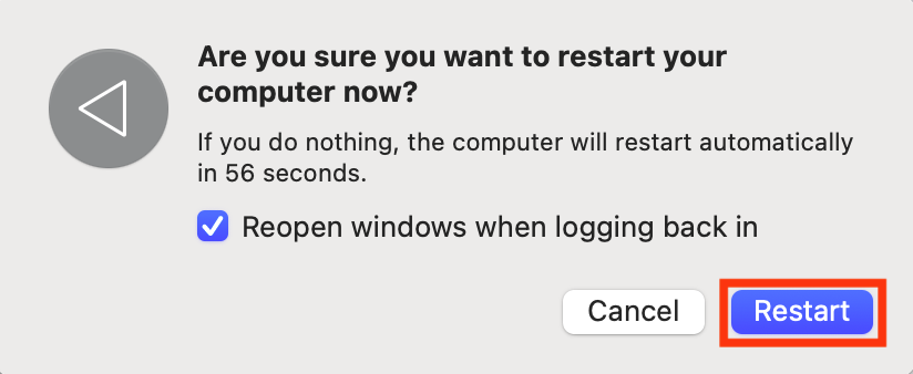 The Restart confirmation prompt on Mac. Confirm you want to restart your machine if you're trying to quit the corespotlightd process and prevent it from using too much CPU and RAM.