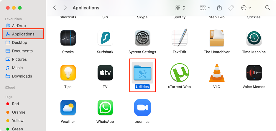To run Disk Utility and repair your Mac drive, open Finder, go to your Applications folder, then open Utilities.