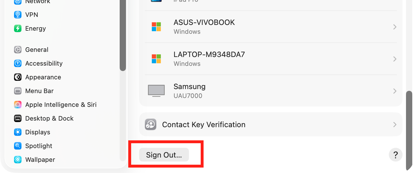 iCloud and Find My Mac are closely related, so it's a good idea to try signing out and back into iCloud. Select your Apple ID in System Settings, then scroll down and click 'Sign Out'.