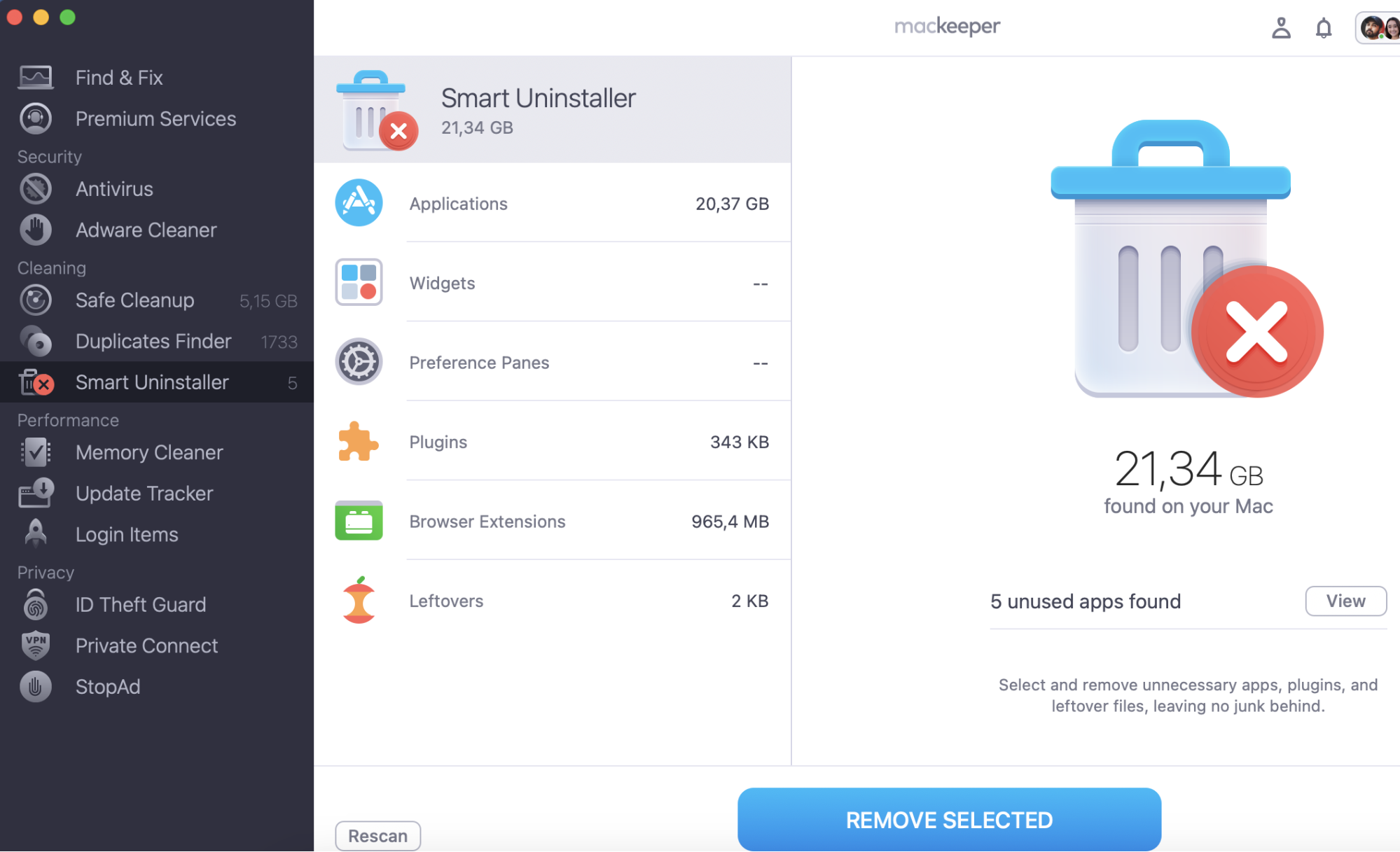 Choose files that you want to delete and click Remove selected
