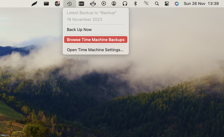 You can access your Time Machine backups from the menu bar of your Mac. Restoring from a back up will help you if you have a virus.