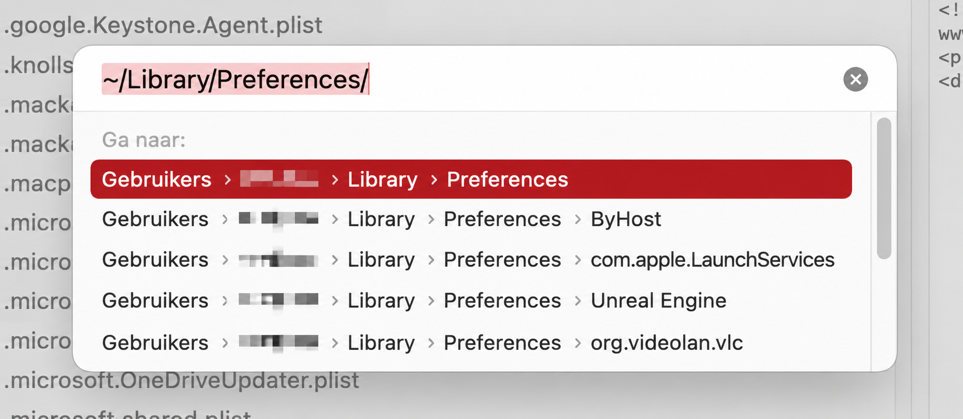 Kies in Finder: Ga > Ga naar map in de menubalk, typ vervolgens '~/Library/Preferences' en druk op Return om uw map Voorkeuren te openen.