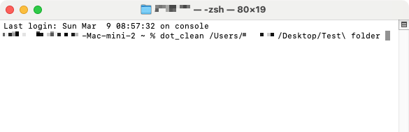 The path of the folder will automatically be added into the Terminal command. Press Return, and hidden dot-underscore files will be deleted from the folder.