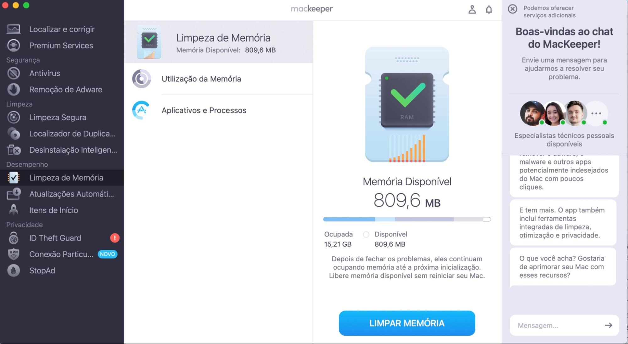 Você verá o uso de memória no seu Mac. Para analisar os detalhes, clique em Utilização da Memória ou Aplicativos e Processos à esquerda. Clique no botão Limpar Memória.
