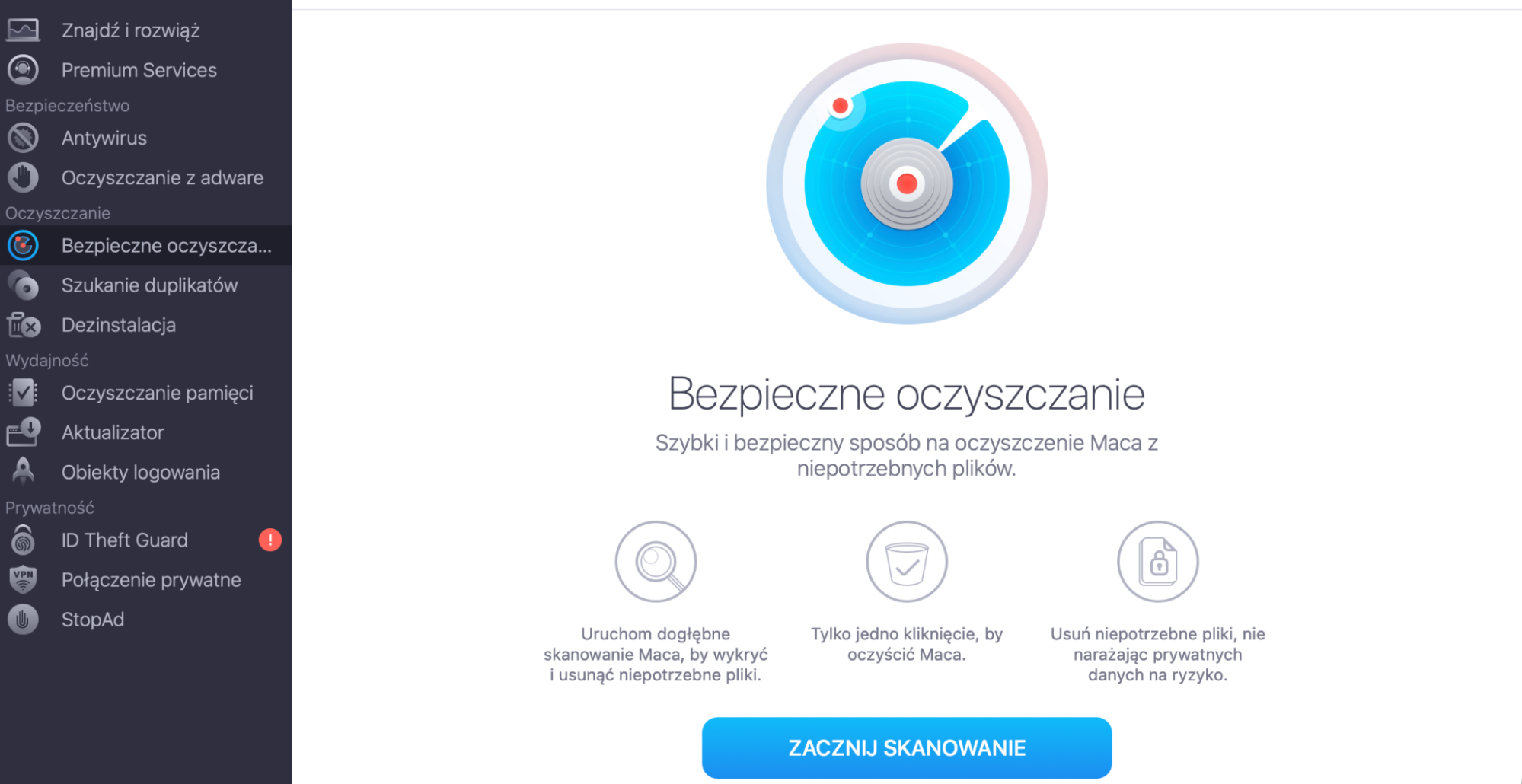 Użyj narzędzia Bezpieczne oczyszczanie od MacKeeper, aby znaleźć i usunąć wszystkie cyfrowe śmieci z Maca. Uruchom MacKeeper i wybierz Bezpieczne oczyszczanie w menu po lewej stronie. Kliknij Rozpocznij skanowanie, aby rozpocząć proces.