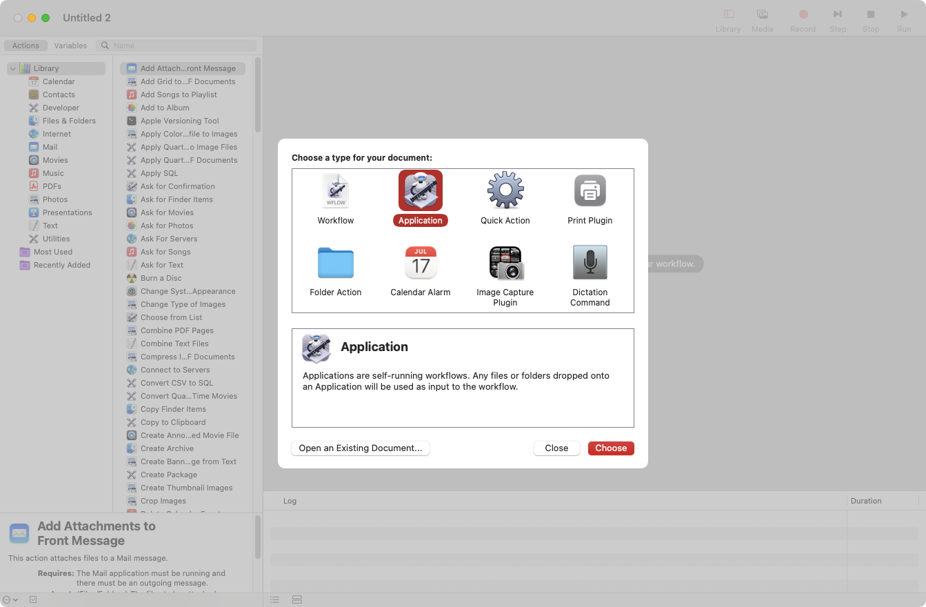 When the Automator tools runs, it will be present you with a choice of tasks. Select 'Application' then click the 'Choose' button.