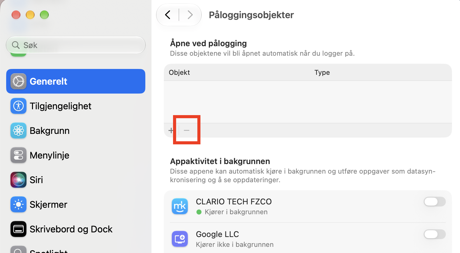 I listen Åpne ved pålogging merker du objektet du vil fjerne. Klikk deretter bare på minusknappen, så forsvinner objektet. Det vil ikke lenger starte sammen med macOS.
