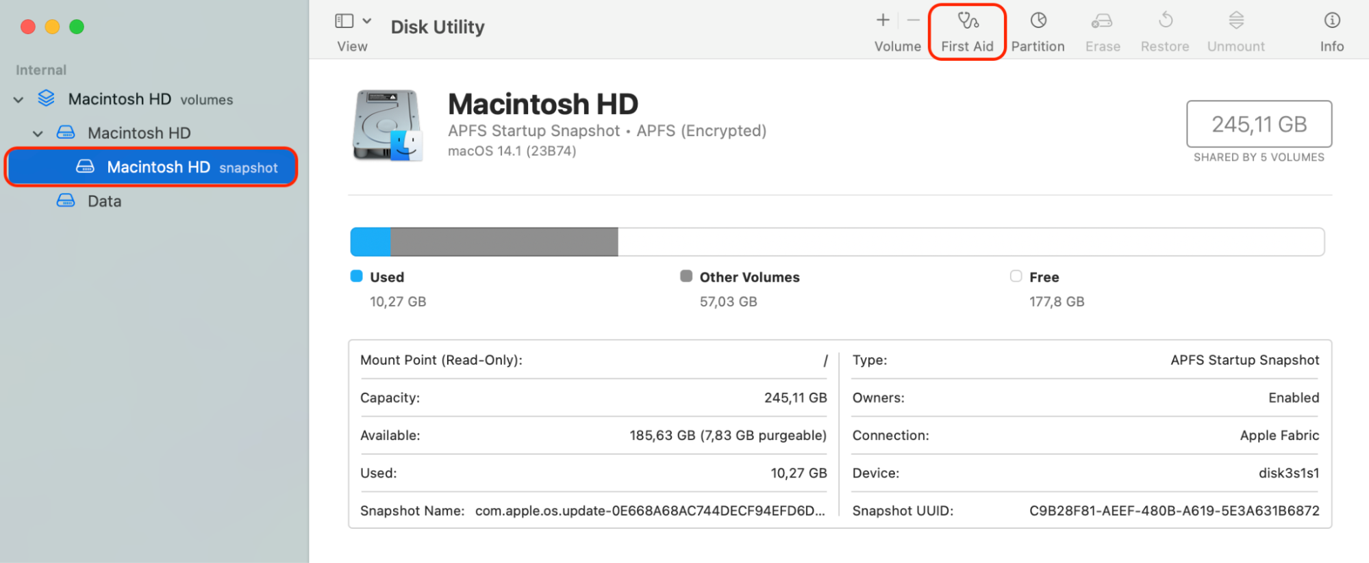 The Macintosh HD inside Disk Utility on Mac. Run First Aid on your Mac's startup disk to fix errors when macOS Monterey cannot be installed.