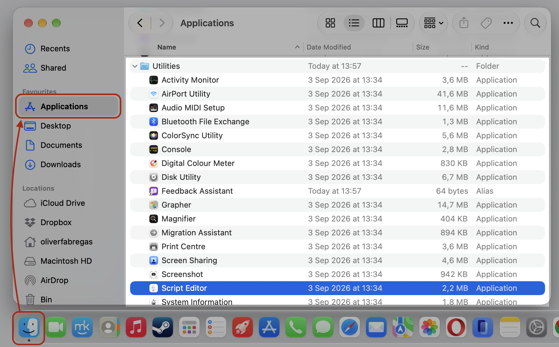 Finder Applications folder on an Apple computer with Script Editor highlighted in Utilities, ready to open and create a shutdown timer app.