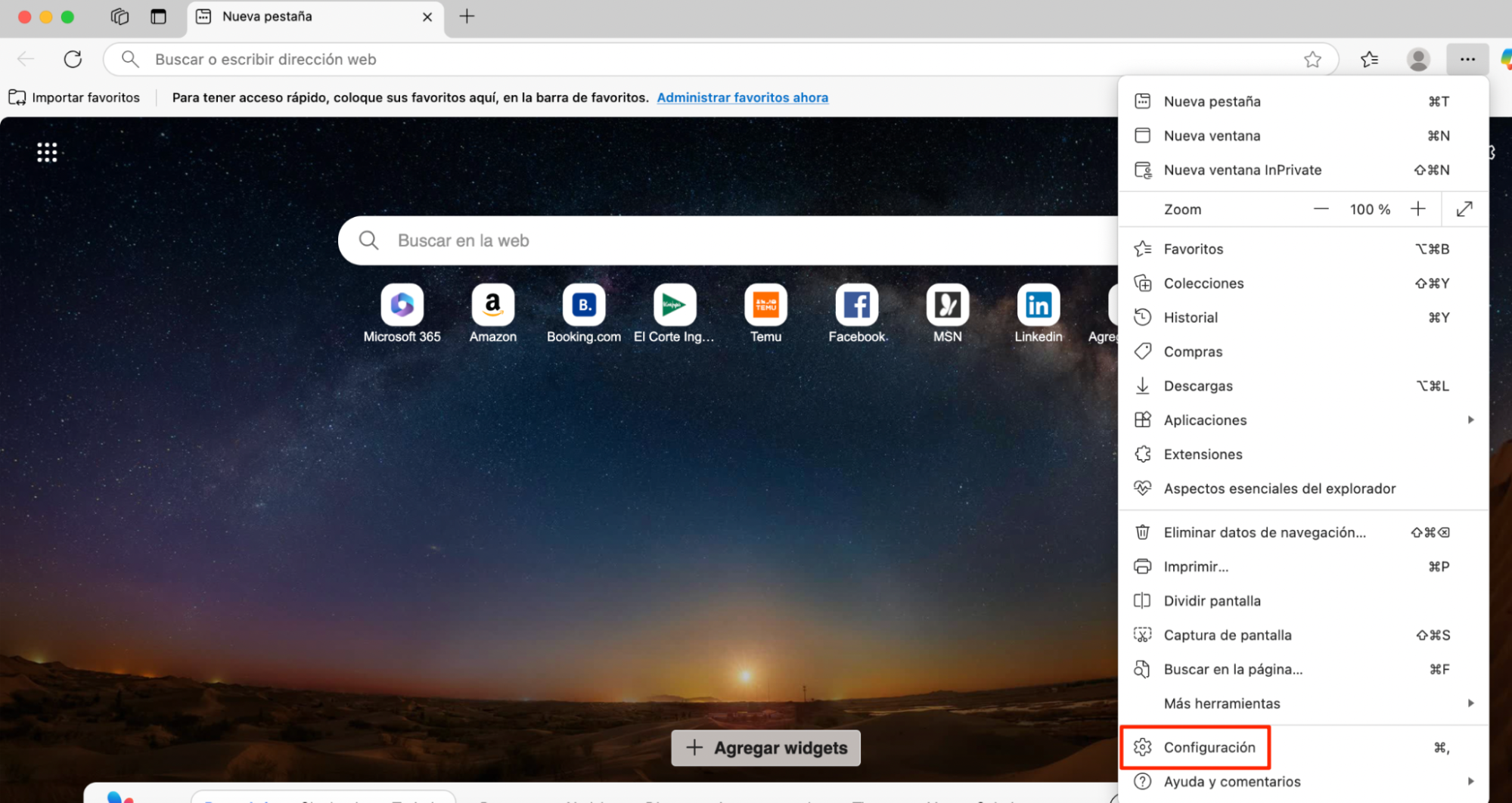 Permitir Adobe Flash Player en Microsoft Edge no podría ser más fácil. Solo tienes que abrir el navegador en tu Mac, hacer clic en los tres puntos y pulsar Configuración.