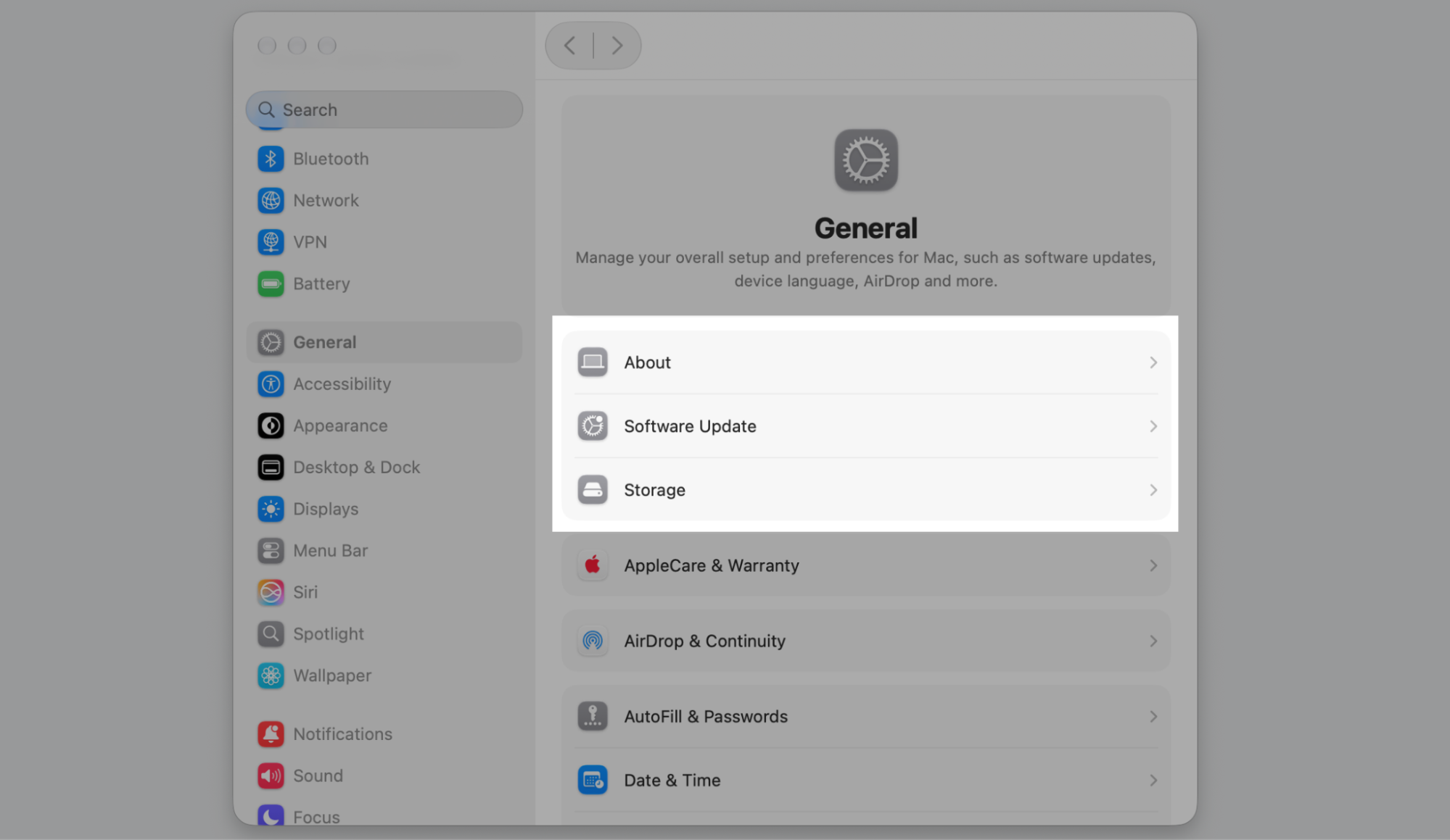 The General section of System Settings on a Mac, highlighting the About, Software Update, and Storage subpages you can open and adjust.