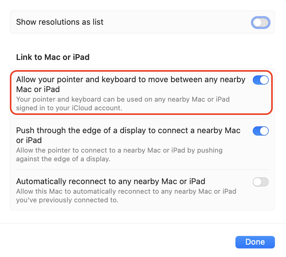 Enabling the option to allow your pointer and keyboard to move between nearby Macs or iPads, making cross-device drag and drop possible through Universal Control.