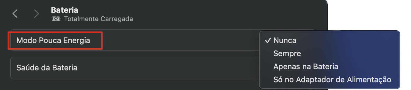 A seção Modo Pouca Energia está aberta nos Ajustes do Sistema para reduzir o consumo de energia do Mac.
