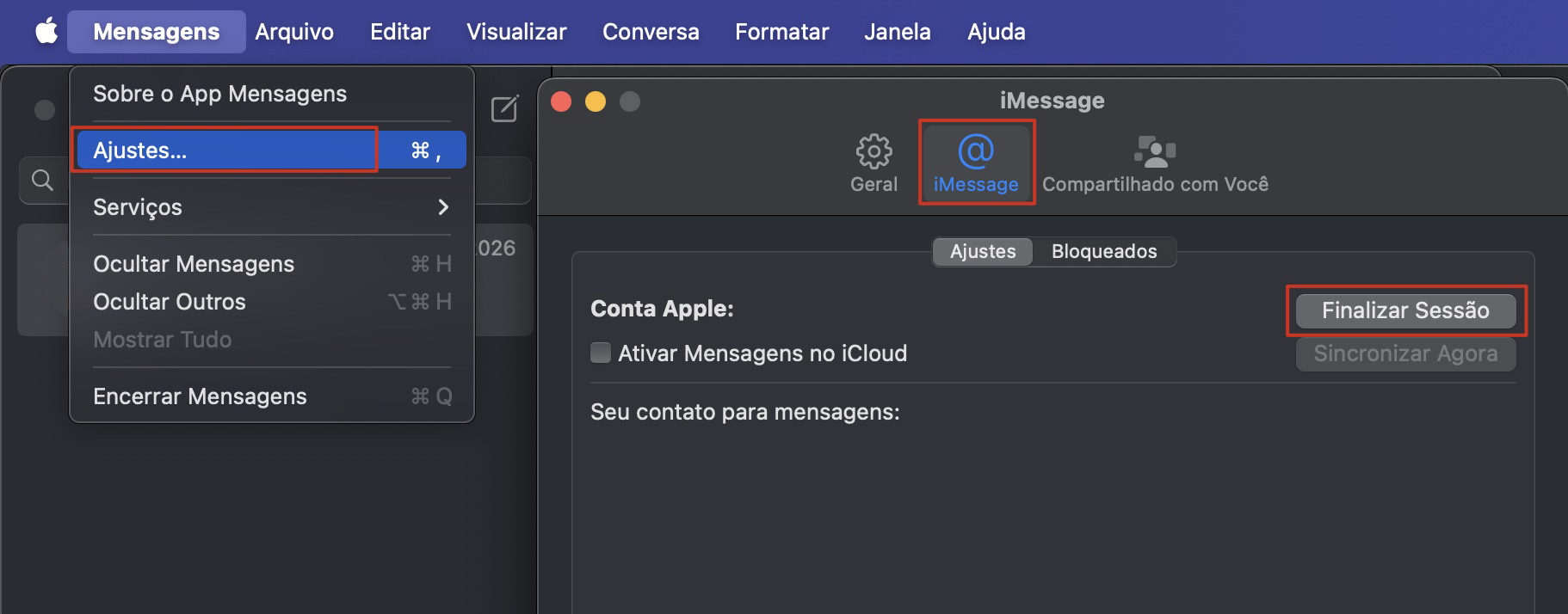 Vá para Mensagens > Ajustes > iMessage e clique em Sair. Em seguida, abra o Bluetooth para desemparelhar dispositivos conectados ao Mac.