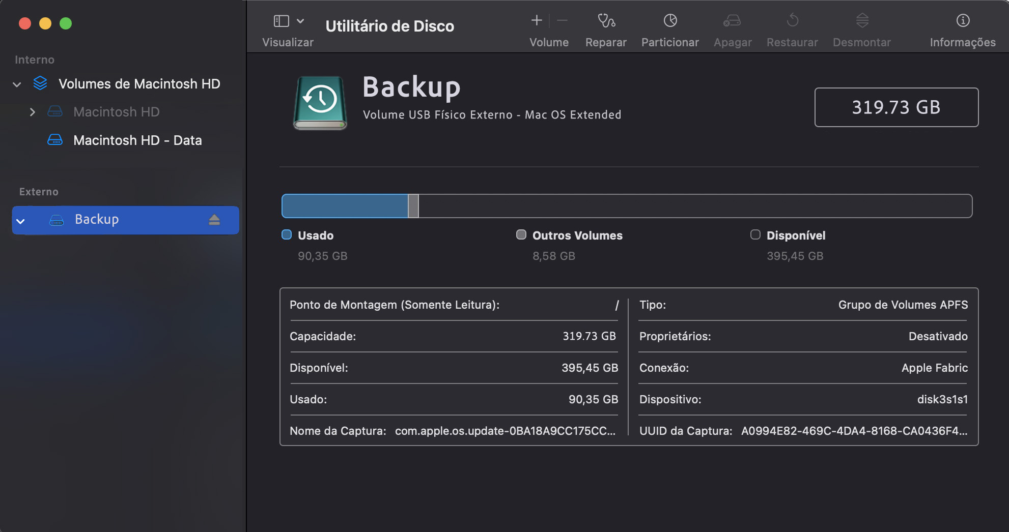 Agora, na janela do Utilitário de Disco, selecione o primeiro item/dispositivo listado na barra lateral para continuar.