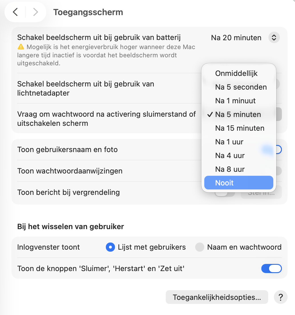 Gebruik in de instellingen voor 'Schermvergrendeling' van je Mac het vervolgkeuzemenu bij 'Beeldscherm uitschakelen indien inactief' en kies de optie 'Nooit'.