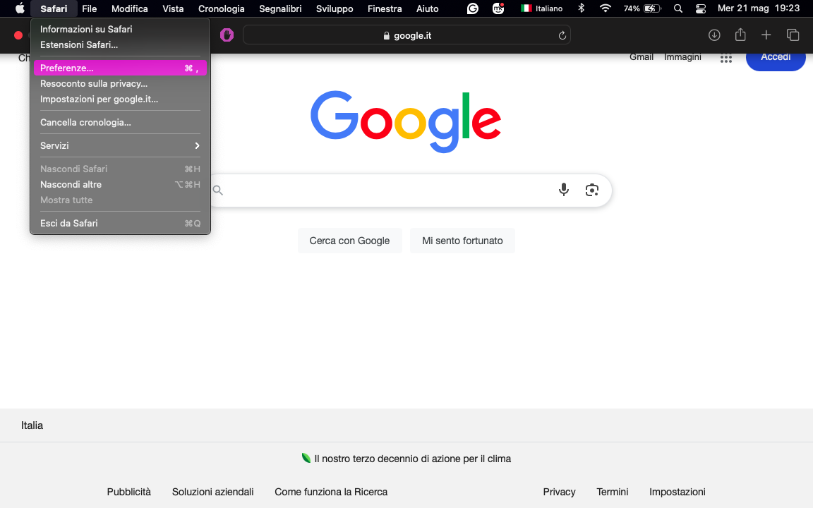 Successivamente, è necessario entrare nelle Preferenze di Safari, dove è possibile verificare che la homepage sia corretta e, se necessario, modificarla.